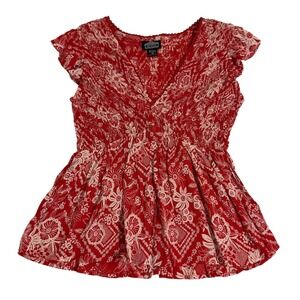 Babydoll ANGIE Womens Red Floral Smocked Peplum Top Size M Short Sleeve V Neck